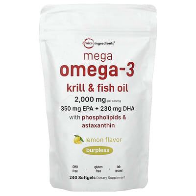 Mega Omega-3 Krill & Fish Oil with Phospholipids & Astaxanthin, Lemon, 240 Softgels