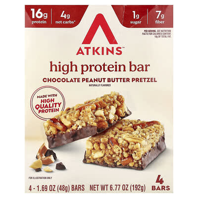 High Protein Bar, Chocolate Peanut Butter Pretzel, 4 Bars, 1.69 oz (48 g) Each
