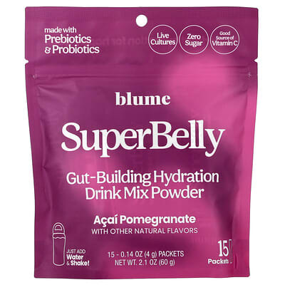SuperBelly, Gut-Building Hydration Drink Mix Powder, Acai Pomegranate, 15 Packets, 0.14 oz (4 g) Each