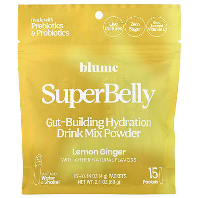 SuperBelly, Gut-Building Hydration Drink Mix Powder, Lemon Ginger, 15 Packets, 0.14 oz (4 g) Each