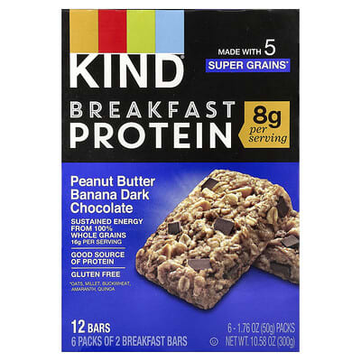 KIND Bars Протеиновые батончики Breakfast, Peanut Butter Banana Dark Chocolate, 6 штук, 1.76 oz (50 g) каждый