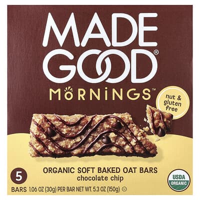 Mornings™, Organic Soft Baked Oat Bars, Chocolate Chip, 5 Bars, 1.06 oz (30 g) Each