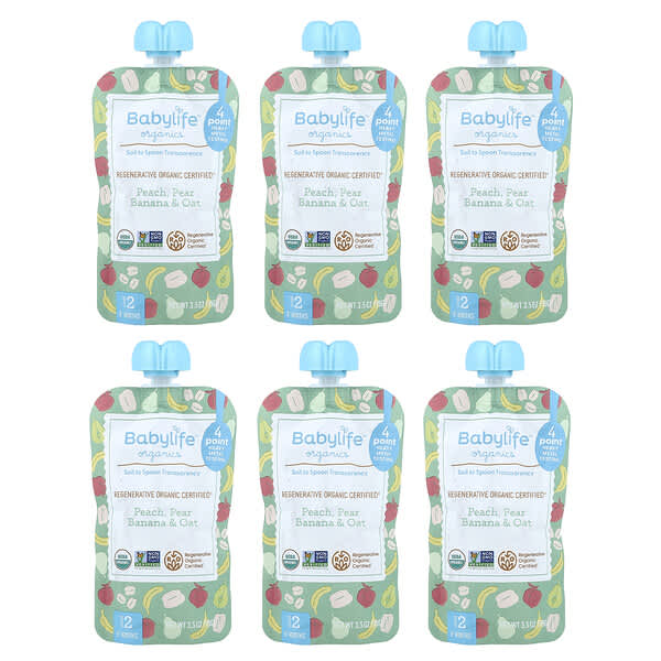 Детское питание BabyLife Organics: персик, груша, банан и овес, 6 пакетиков по 3.5 oz (99 g)