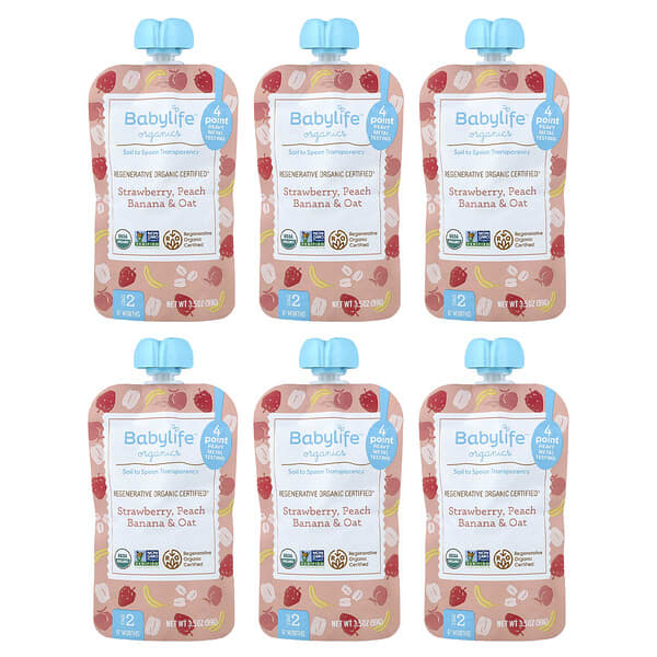 Детское питание BabyLife Organics, 6+ Months, Strawberry, Peach, Banana & Oat, 6 Pouches, 3.5 oz (99 g) каждый