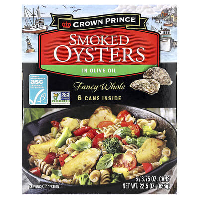 Smoked Oysters In Olive Oil, Fancy Whole, 6 Cans, 3.75 oz (106 g) Each