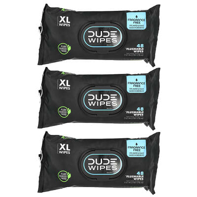 Flushable Wipes, XL, Fragrance Free, 3 Pack, 48 Wipes Each