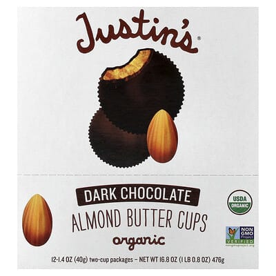 Organic Almond Butter Cups, Dark Chocolate, 12 Two-Cup Pakages, 1.4 oz (40 g) Each