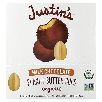 Organic Peanut Butter Cups, Milk Chocolate, 12 Two-Cup Packages, 1.4 oz (40 g) Each