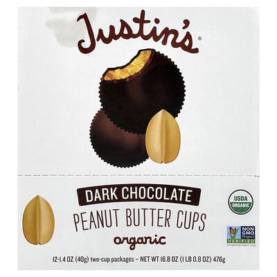 Justin's Nut Butter органические шоколадные конфеты с арахисовой пастой, темный шоколад, 12 упаковок по 1.4 oz (40 g)
