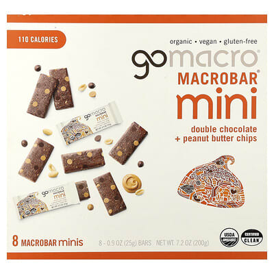 GoMacro MacroBar® Mini Double Chocolate + Peanut Butter Chips, 8 шт., 0.9 oz (25 g) каждый