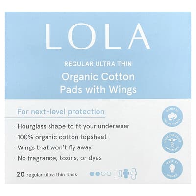 Organic Cotton Pads with Wings, Regular, Ultra Thin, 20 Pads