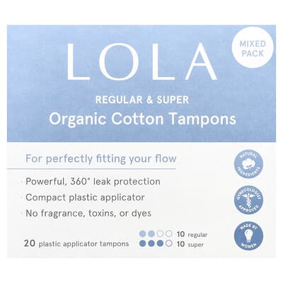 Organic Cotton Tampons with Plastic Applicators, Regular & Super, 20 Tampons