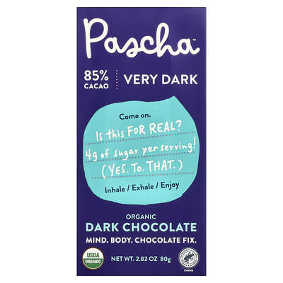 Темный шоколад Pascha Organic Dark Chocolate Bar, Very Dark, 85% Cacao, 2.82 oz (80 g)
