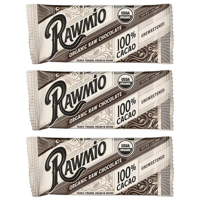 Organic Raw Chocolate Bar, Unsweetened, 100% Cacao, 3 Bars, 1.1 oz (30 g) Each