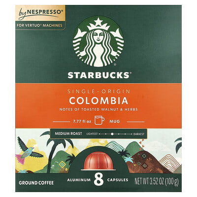 Nespresso®, Colombia, Ground, Medium Roast, 8 Aluminum Capsules, 3.52 oz (100 g)