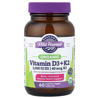 Oregon's Wild Harvest органические витамины D3 + K2, 60 веганских капсул