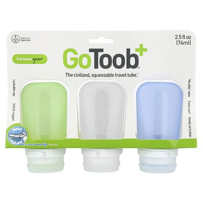 GoToob+®, Travel Tube, Medium, Green, Clear & Blue, 3 Pack, 2.5 fl oz (74 ml) Each