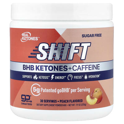 Real Ketones Смесь порошка BHB + кофеин Shift, персик, 7.9 oz (225 g)