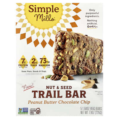 Батончик Simple Mills Nut & Seed Trail Bar, Peanut Butter Chocolate Chip, 5 шт, 1.58 oz (45 g) каждый