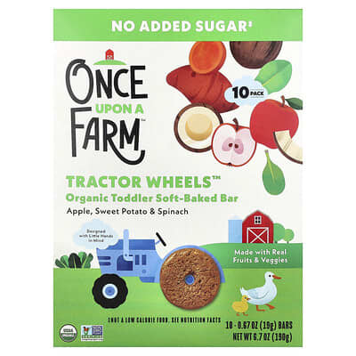 Once Upon A Farm Tractor Wheels™, Organic Toddler Soft-Baked Bar, Apple, Sweet Potato & Spinach, 10 батончиков, 0.67 oz (19 g) каждый