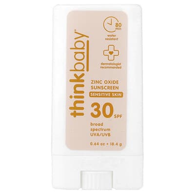 Thinkbaby®, Солнцезащитный стик с оксидом цинка, SPF 30, для чувствительной кожи, 0.64 oz (18.4 g)