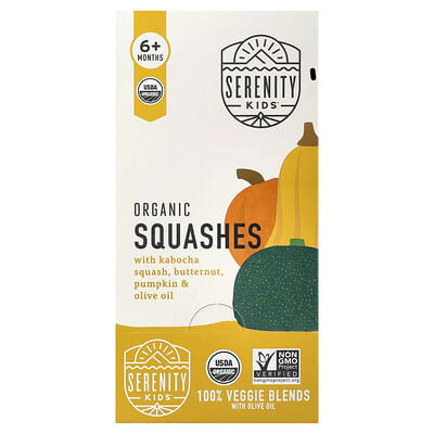 Serenity Kids Organic Squashes с тыквой кабоча, баттернат, тыквой и оливковым маслом, для детей 6+ месяцев, 6 пакетиков, 3.5 oz (99 g) каждый