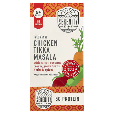 Детское питание Serenity Kids Free Range Chicken Tikka Masala с морковью, кокосовыми сливками, стручковой фасолью и травами, 6+ месяцев, 6 пакетиков, 3.5 oz (99 g) каждый