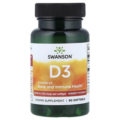 Vitamin D3, Highest Potency, 125 mcg (5,000 IU), 90 Softgels