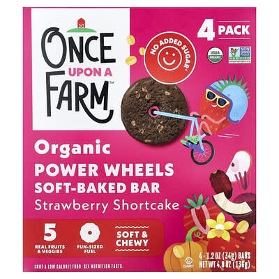 Once Upon A Farm Органический батончик Power Wheels, Strawberry Shortcake, 4 шт., 1.2 oz (34 g) каждый