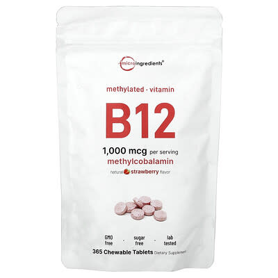 Витамин B12 Micro Ingredients Natural Strawberry, 1,000 mcg, 365 Chewable Tablets