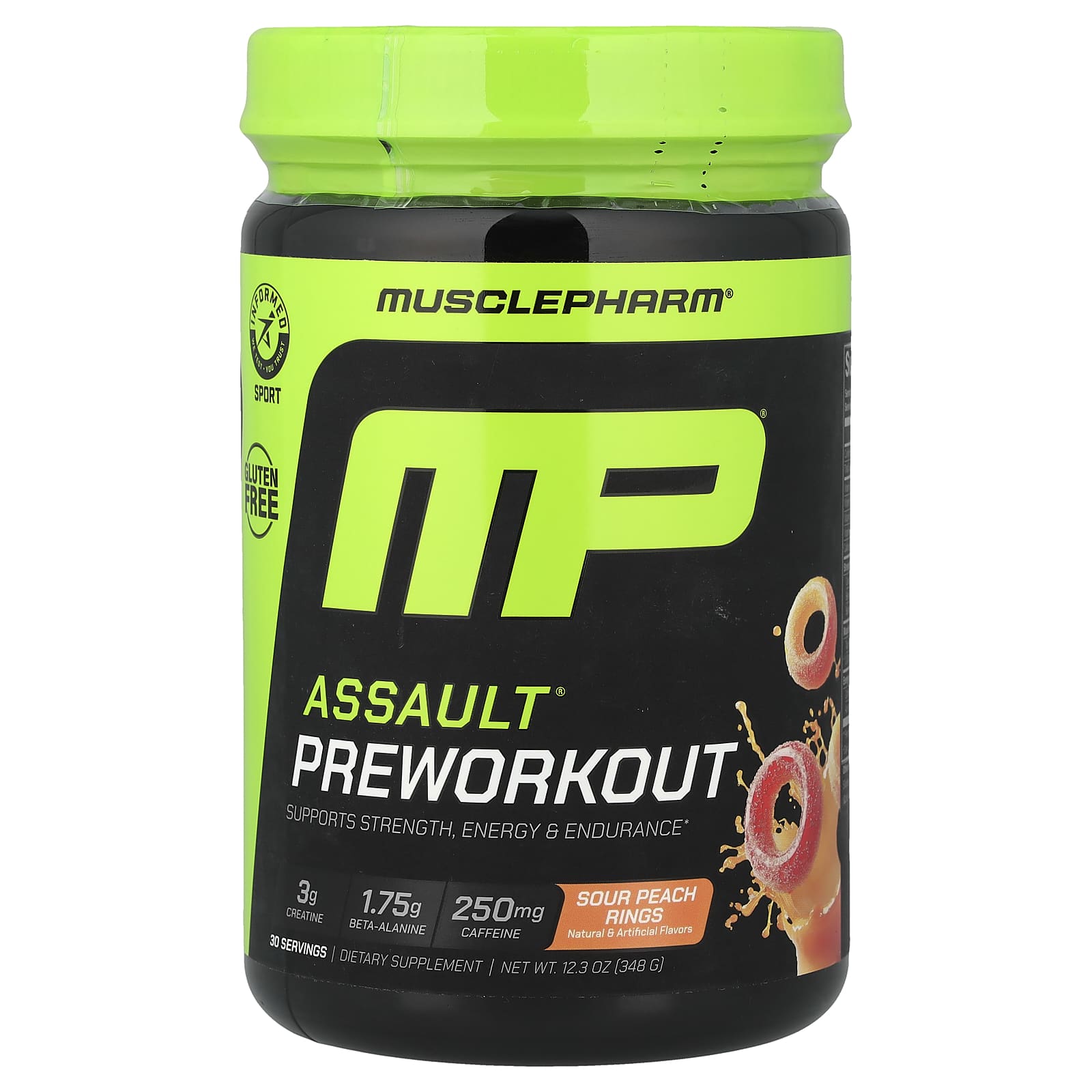 Предтренировочная добавка Assault® Sour Peach Rings, 12.3 oz (348 g)