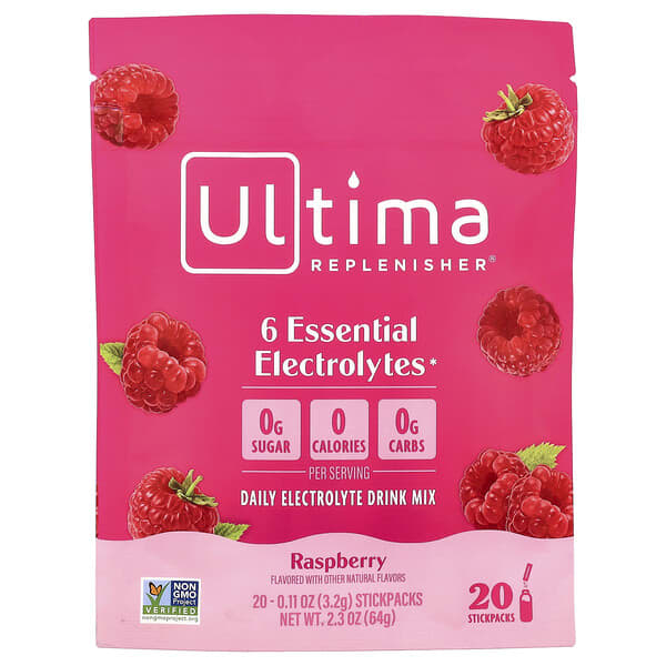 6 Essential Electrolytes, Daily Electrolyte Drink Mix, Raspberry, 20 Stickpacks, 0.11 oz (3.2 g) Each