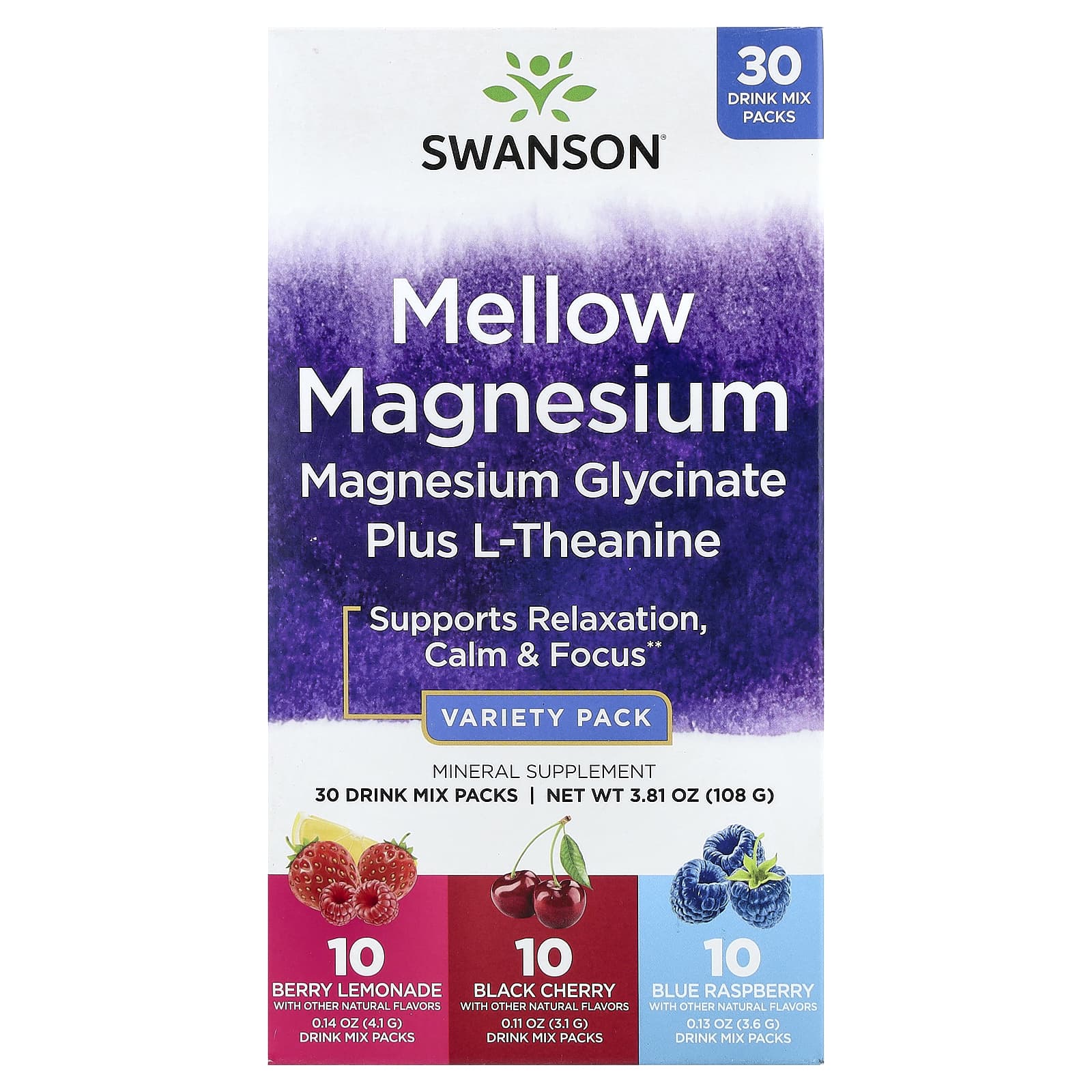 Mellow Magnesium  Drink Mix, Variety Pack, 30 Stick Packs