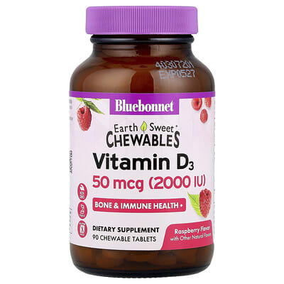 EarthSweet® Chewables, Vitamin D3,  Raspberry, 50 mcg (2,000 IU), 90 Chewable Tablets