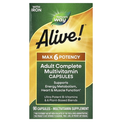Alive!® Max 6 Potency, Adult Complete Multivitamin, With Iron, 90 Capsules