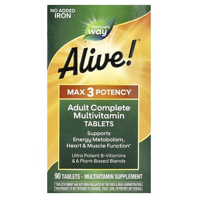 Alive!® Max3 Potency, Adult Complete Multivitamin, No Added Iron, 90 Tablets