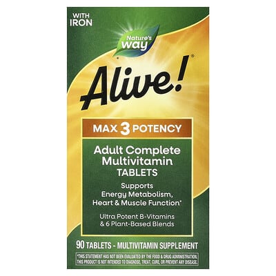 Alive!® Max3 Potency, Adult Complete Multivitamin, With Iron, 90 Tablets