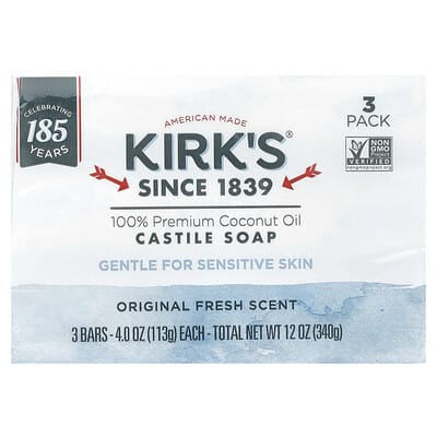 100% Premium Coconut Oil Castile Bar Soap, Original Fresh, 3 Bars, 4 oz (113 g) Each