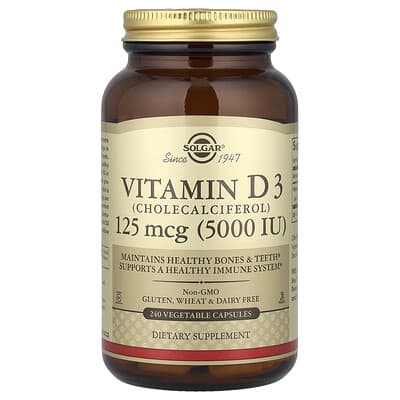 Витамин D3 (холекальциферол), 125 mcg (5,000 IU), 240 вегетарианских капсул