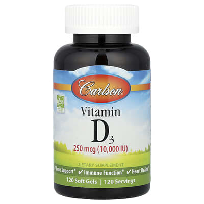 Витамин D3, 250 mcg (10,000 IU), 120 мягких капсул