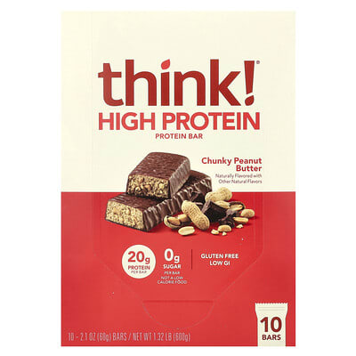 High Protein Bars, Chunky Peanut Butter, 10 Bars, 2.1 oz (60 g) Each