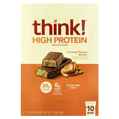 High Protein Bars, Creamy Peanut Butter, 10 Bars, 2.1 oz (60 g) Each