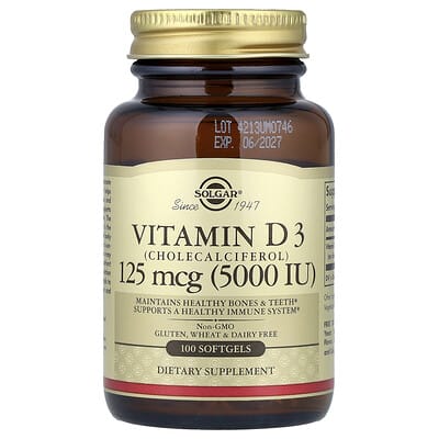 Vitamin D3 (холекальциферол), 125 mcg (5,000 IU), 100 мягких капсул