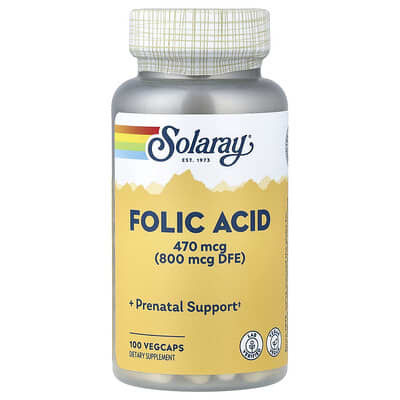 Фолиевая кислота Solaray, 470 mcg (800 mcg DFE), 100 веганских капсул
