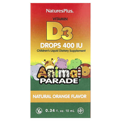 Витамин D3 Drops Animal Parade®, натуральный апельсин, 10 mcg (400 IU), 0.34 fl oz (10 ml)