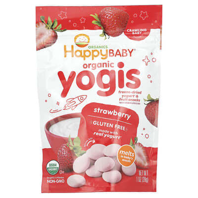 Happy Baby®, Organic Yogis, Freeze Dried Yogurt & Fruit Snacks, Crawling Baby, Strawberry, 1 oz (28 g)