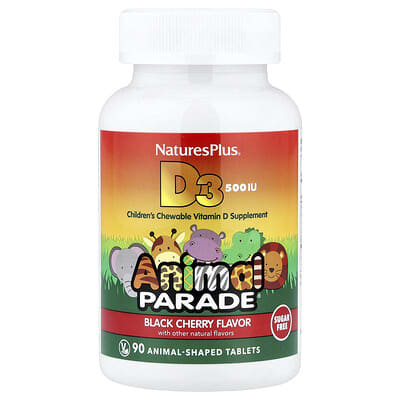 Animal Parade®, витамин D3, черная вишня, 12.5 mcg (500 IU), 90 жевательных таблеток в форме животных