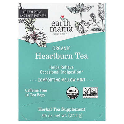 Органический чай Earth Mama Organics Heartburn Tea, Comforting Mellow Mint, Caffeine Free, 16 Tea Bags, 0.96 oz (27.2 g)