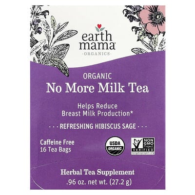 Organics, Organic No More Milk Tea, Refreshing Hibiscus Sage, Caffeine Free, 16 Tea Bags, 0.96 oz (27.2 g)