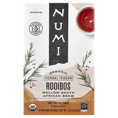 Органический травяной чай Numi Tea Rooibos, без кофеина, 18 не ГМО чайных пакетиков, 1.52 oz (43.2 g)